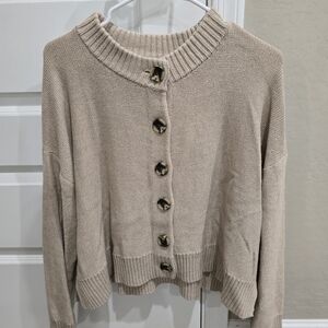 Quince Beige Crewneck Button-Front Cardigan
